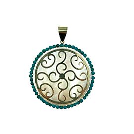 14K Yellow Gold White Mother of Pearl and Turquoise Large Pendant for Necklace