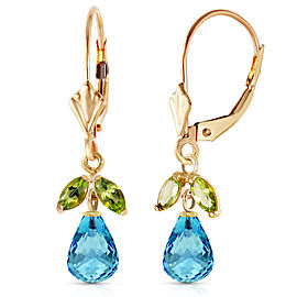 3.4 CTW 14K Solid Gold Leverback Earrings Blue Topaz Peridot