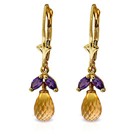 3.4 CTW 14K Solid Gold Leverback Earrings Citrine Amethyst