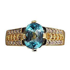 Vintage 2.50ct Oval Blue Zircon 18k Yellow Gold .20ct Full Cut Diamond Ring