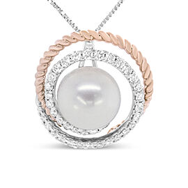 14K Rose and White Gold 3/8 Cttw Pave Diamond and 9mm Round Pearl Spiral Openwork 18" Pendant Necklace- (H-I Color, VS1-VS2 Clarity)