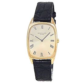 Patek Philippe Ellipse 18k Yellow Gold Black Leather Champagne Ladies Watch 3667