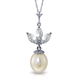 4.75 CTW 14K Solid White Gold Necklace Cultured Pearl Aquamarine