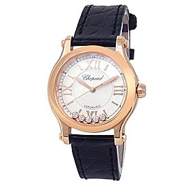 Chopard Happy Sport 18k Rose Gold Leather Auto Silver Ladies Watch 274893-5011