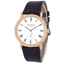 Patek Philippe Calatrava 18k Rose Gold Leather Manual White Mens Watch