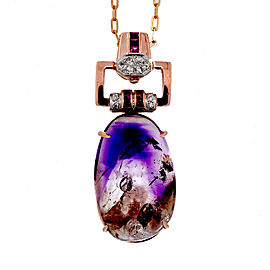 Vintage 14k Rose Gold and 18k Rose Gold Amethyst Quarts, Ruby, and Diamond Art Deco Pendant Necklace