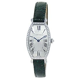 Cartier Tonneau 18k White Gold Green Leather Manual Silver Ladies Watch WE400131