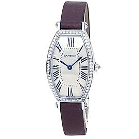 Cartier Tonneau 18k White Gold Leather Diamonds Silver Ladies Watch WE400131