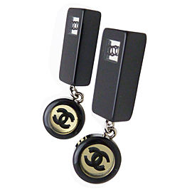 Chanel Inlaid CC Logo Drop Pierce Earrings Black Plastic