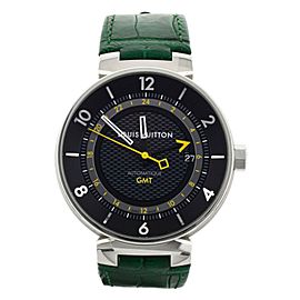 Louis Vuitton Tambour GMT Stainless Steel Black Dial Green Alligator 42mm