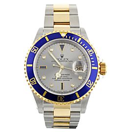 Rolex Submariner Stainless Steel Yellow Gold Silver Serti 40mm 16613 Full Set