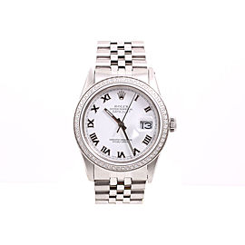 Rolex Datejust Stainless Steel White Roman Numeral Dial & Diamond Bezel 36mm Mens Watch