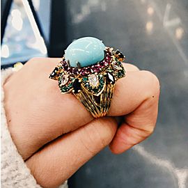 18K Yellow Gold Turquoise, Diamond Ring Size 10