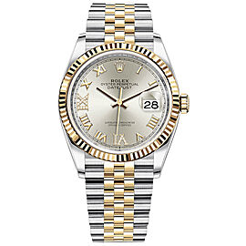 Rolex DateJust 18K YG SS 2Tone Roman Silver Dial Jubilee Watch 36mm Card