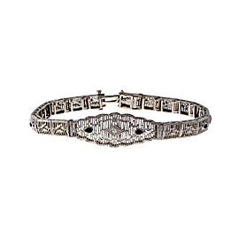 Vintage 14k White Gold Filigree Link Bracelet Calibre Black Onyx And Diamond