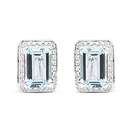True 18K White Gold 3/4 Cttw Round Diamond and 13x9mm Emerald Cut Blue Aquamarine Gemstone Halo Omega Stud Earrings (G-H Color, SI1-SI2 Clarity)