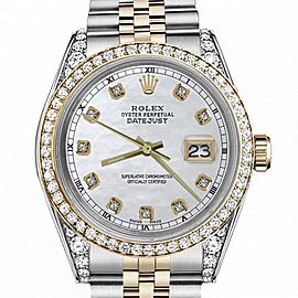 Women's Rolex 31mm Datejust Two Tone Bezel & Lugs White MOP Mother of Pearl Dial with Accen Hidden Clasp