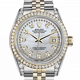 Women's Rolex 31mm Datejust Two Tone Bezel & Lugs White MOP Mother of Pearl String Dial Hidden Clasp