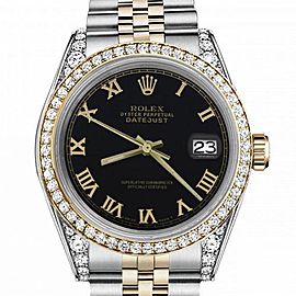 Women's Rolex 31mm Datejust Two Tone Bezel & Lugs Black Roman Numeral Dial Hidden Clasp