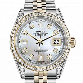 Women's Rolex 31mm Datejust Two Tone Bezel & Lugs White MOP Mother Of Pearl Dial Accen Hidden Clasp