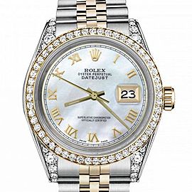 Women's Rolex 31mm Datejust Two Tone Bezel & Lugs White MOP Mother Of Pearl Roman Numeral Dia Hidden Clasp