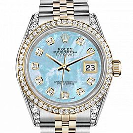 Women's Rolex 31mm Datejust Two Tone Bezel & Lugs Baby Blue MOP Mother Of Pearl Dial with Accent Hidden Clasp