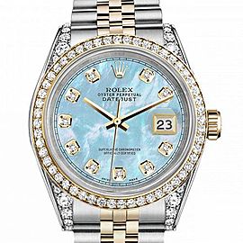 Women's Rolex 31mm Datejust Two Tone Bezel & Lugs Baby Blue MOP Mother Of Pearl Dial with RRT Hidden Clasp