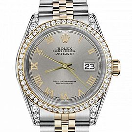 Women's Rolex 31mm Datejust Two Tone Bezel & Lugs Slate Grey Roman Numeral Dial Hidden Clasp