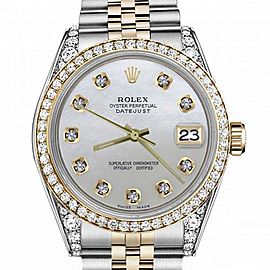 Women's Rolex 31mm Datejust Two Tone Bezel & Lugs White MOP Mother Of Pearl Dial with Accent Hidden Clasp