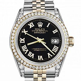 Men's Rolex 36mm Datejust Two Tone Bezel & Lugs Black Color Roman Numeral Dial Hidden Clasp