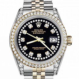 Men's Rolex 36mm Datejust Two Tone Bezel & Lugs Black Color String Accent Dial Hidden Clasp