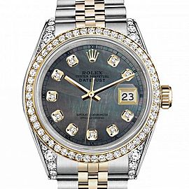 Men's Rolex 36mm Datejust Two Tone Bezel & Lugs Black MOP Mother Of Pearl Dial with Accent RT Hidden Clasp