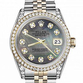 Men's Rolex 36mm Datejust Two Tone Bezel & Lugs Black MOP Mother Of Pearl Dial Hidden Clasp