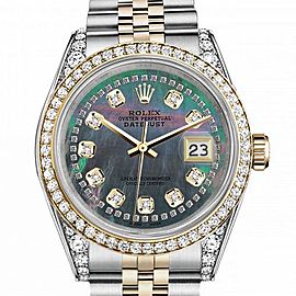 Men's Rolex 36mm Datejust Two Tone Bezel & Lugs Black MOP Mother of Pearl String Accent Dial Hidden Clasp