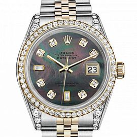 Men's Rolex 36mm Datejust Two Tone Bezel & Lugs Black MOP Mother Of Pearl with 8 + 2 Accen Hidden Clasp