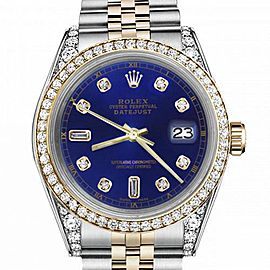 Men's Rolex 36mm Datejust Two Tone Bezel & Lugs Blue Color Dial with 8+2 Accent Hidden Clasp