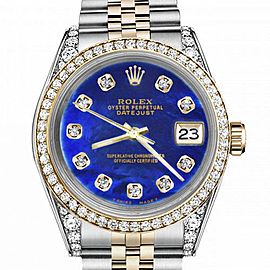 Men's Rolex 36mm Datejust Two Tone Bezel & Lugs Blue Color Treated MOP Mother Of Pearl Dial