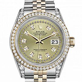 Men's Rolex 36mm Datejust Two Tone Bezel & Lugs Champagne Color String Accent Dial Hidden Clasp