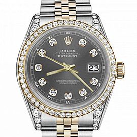 Men's Rolex 36mm Datejust Two Tone Bezel & Lugs Dark Grey Color Dial with Accent Hidden Clasp