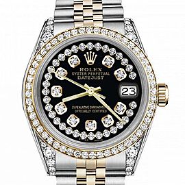 Men's Rolex 36mm Datejust Two Tone Bezel & Lugs Glossy Black String Accent Dial Hidden Clasp