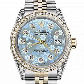 Men's Rolex 36mm Datejust Two Tone Bezel & Lugs Glossy Ice Blue Flower Dial with Accen Hidden Clasp