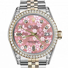 Men's Rolex 36mm Datejust Two Tone Bezel & Lugs Glossy Pink Flower Dial with 8 + 2 Accent Hidden Clasp