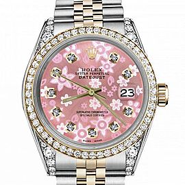 Men's Rolex 36mm Datejust Two Tone Bezel & Lugs Glossy Pink Flower Dial with Accent Hidden Clasp
