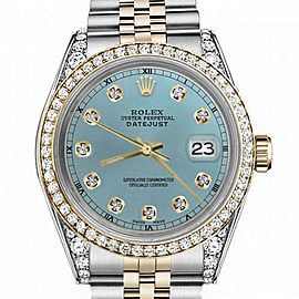 Men's Rolex 36mm Datejust Two Tone Bezel & Lugs Ice Blue Color Dial with Accent RT Hidden Clasp