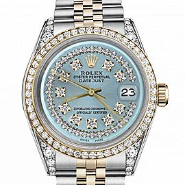 Men's Rolex 36mm Datejust Two Tone Bezel & Lugs Ice Blue String Dial Hidden Clasp