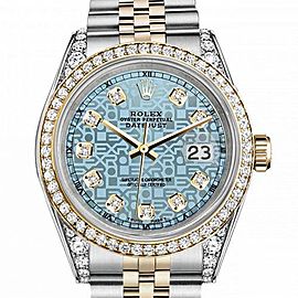 Men's Rolex 36mm Datejust Two Tone Bezel & Lugs Jubilee Ice Blue Color Dial with Accent Hidden Clasp