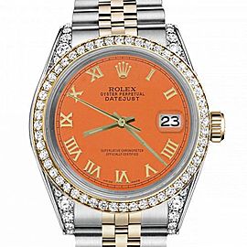 Men's Rolex 36mm Datejust Two Tone Bezel & Lugs Orange Color Roman Numeral Dial Hidden Clasp
