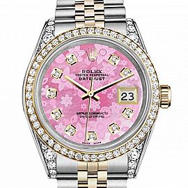 Men's Rolex 36mm Datejust Two Tone Bezel & Lugs Pink Flower MOP Dial with Hidden Clasp