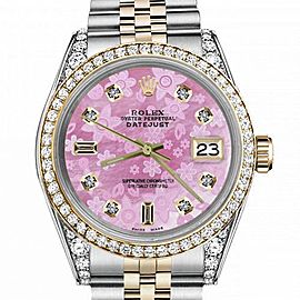 Men's Rolex 36mm Datejust Two Tone Bezel & Lugs Pink Flower MOP Mother of Pearl Dial with 8+2 Hidden Clasp