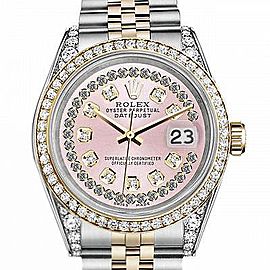 Men's Rolex 36mm Datejust Two Tone Bezel & Lugs Pink String Dial Hidden Clasp